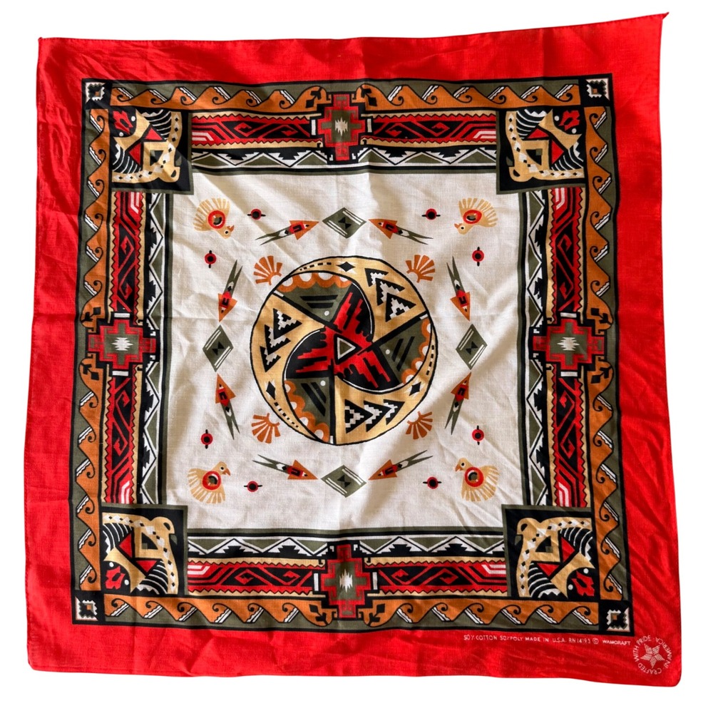Vintage Wamcraft Red Southwestern Geometric Bandana Made in USA Cotton Poly 21"